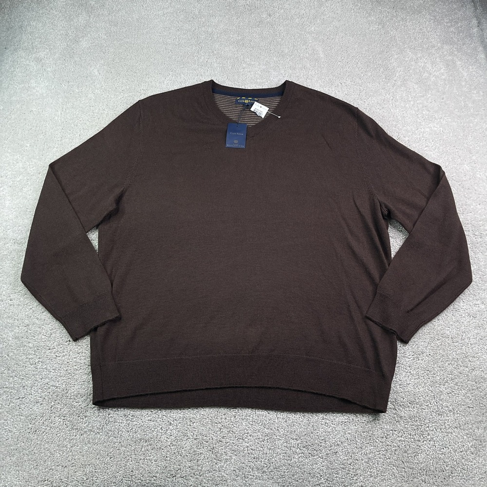 NEW Club Room Sweater Mens XL Brown V Neck Merino Wool Blend Estate Pullover